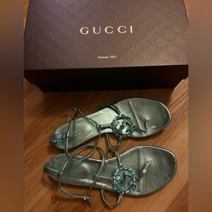 Loved Genuine Gucci Blue Leather Sandals with Crystal Logo 38